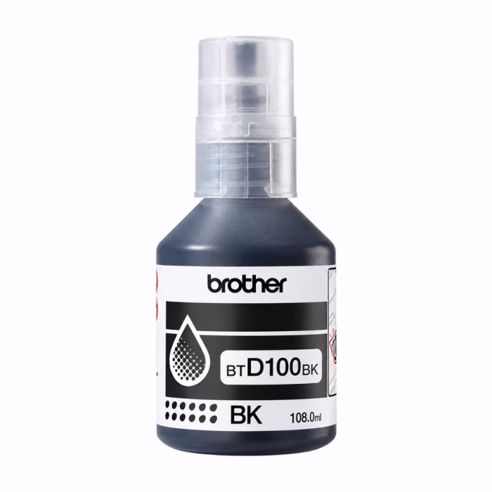 ขวดน้ำหมึกเติมสีดำ Brother BT-D100BK ขนาด 108 ml ฝาขวดป้องกันการหกและป้ายฉลากระบุรุ่น BTD100BK
