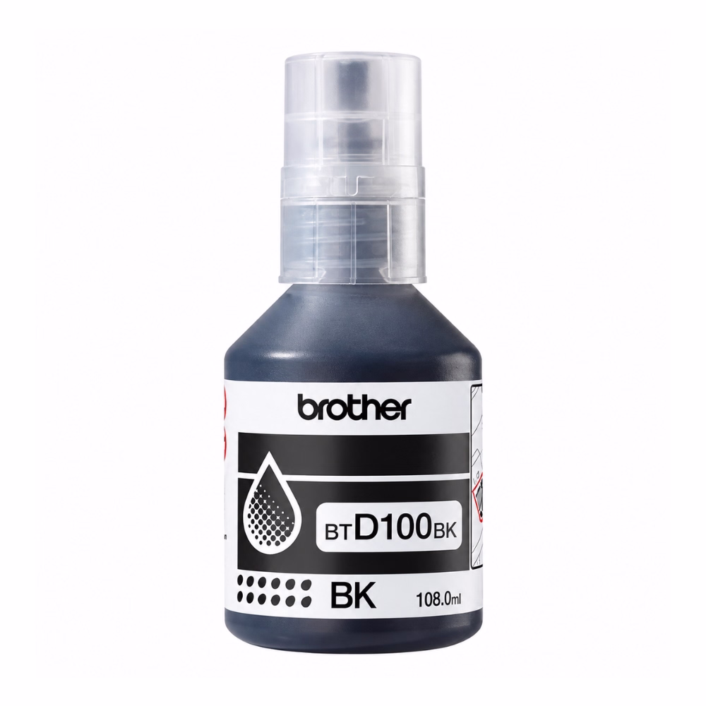 ขวดน้ำหมึกเติมสีดำ Brother BT-D100BK ขนาด 108 ml ฝาขวดป้องกันการหกและป้ายฉลากระบุรุ่น BTD100BK