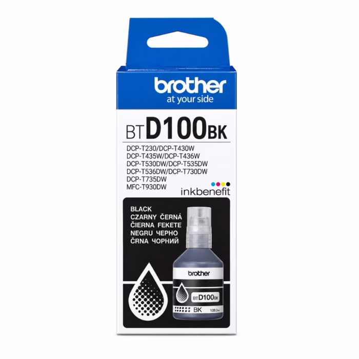 กล่องบรรจุภัณฑ์น้ำหมึกสีดำ Brother BT-D100BK ระบุรุ่นเครื่องพิมพ์ที่รองรับ DCP-T230 DCP-T430W DCP-T530DW MFC-T930DW
