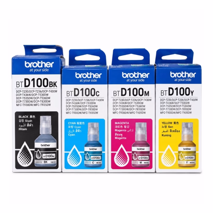 ชุดกล่องน้ำหมึกเติม Brother ซีรีส์ BTD100 ครบทั้ง 4 สี ดำ ฟ้า ชมพู เหลือง BTD100BK BTD100C BTD100M BTD100Y