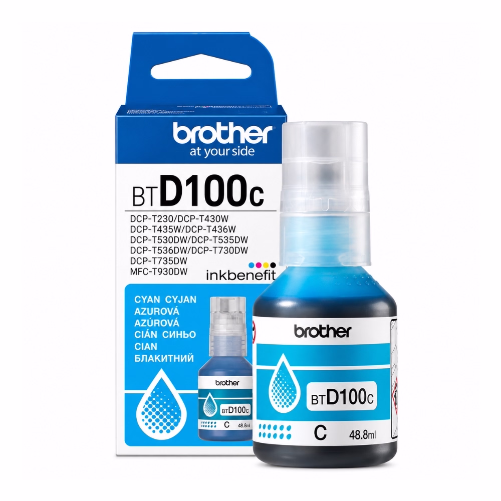 น้ำหมึกเติมแท้สีฟ้า Brother BT-D100C ขนาด 48.8 ml วางคู่กับกล่องบรรจุภัณฑ์ inkbenefit สำหรับเครื่องพิมพ์ Ink Tank