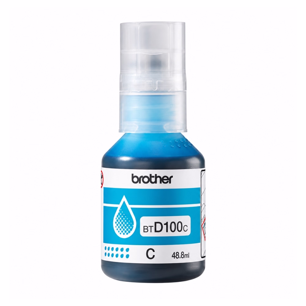 ขวดน้ำหมึกเติมสีฟ้า Brother BT-D100C ขนาด 48.8 ml ฝาขวดใสกันหกและป้ายฉลากระบุรุ่น BTD100C สี Cyan
