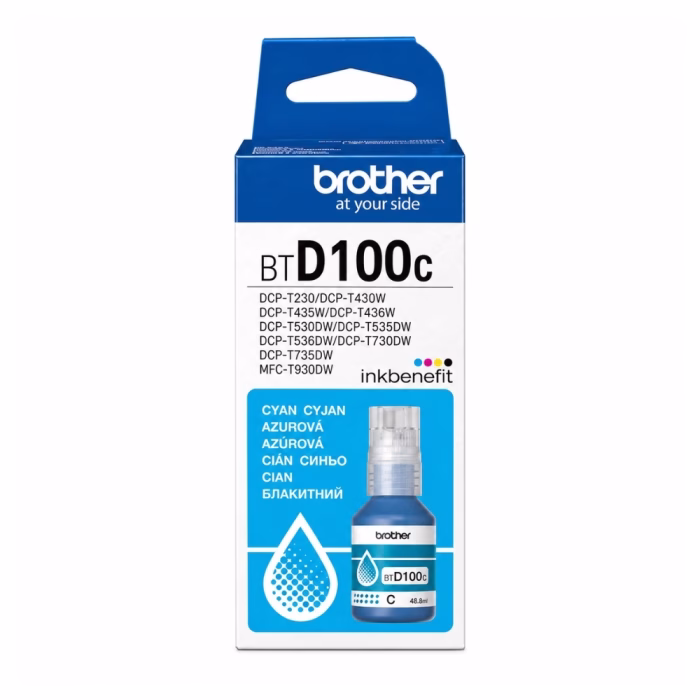 กล่องบรรจุภัณฑ์น้ำหมึกสีฟ้า Brother BT-D100C ระบุรุ่นเครื่องพิมพ์ที่รองรับ DCP-T230 DCP-T430W DCP-T530DW MFC-T930DW