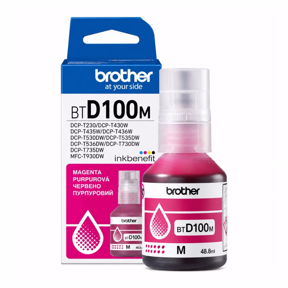 น้ำหมึกเติมแท้สีแดงมาเจนตา Brother BT-D100M ขนาด 48.8 ml วางคู่กับกล่องบรรจุภัณฑ์ inkbenefit สำหรับเครื่องพิมพ์ Ink Tank
