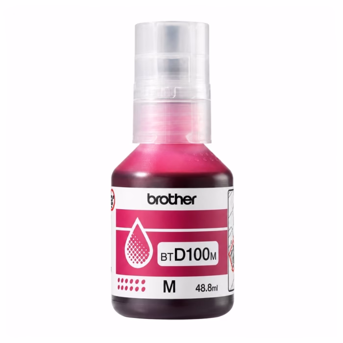 ขวดน้ำหมึกเติมสีมาเจนตา Brother BT-D100M ขนาด 48.8 ml ฝาขวดใสกันหกและป้ายฉลากระบุรุ่น BTD100M สี Magenta