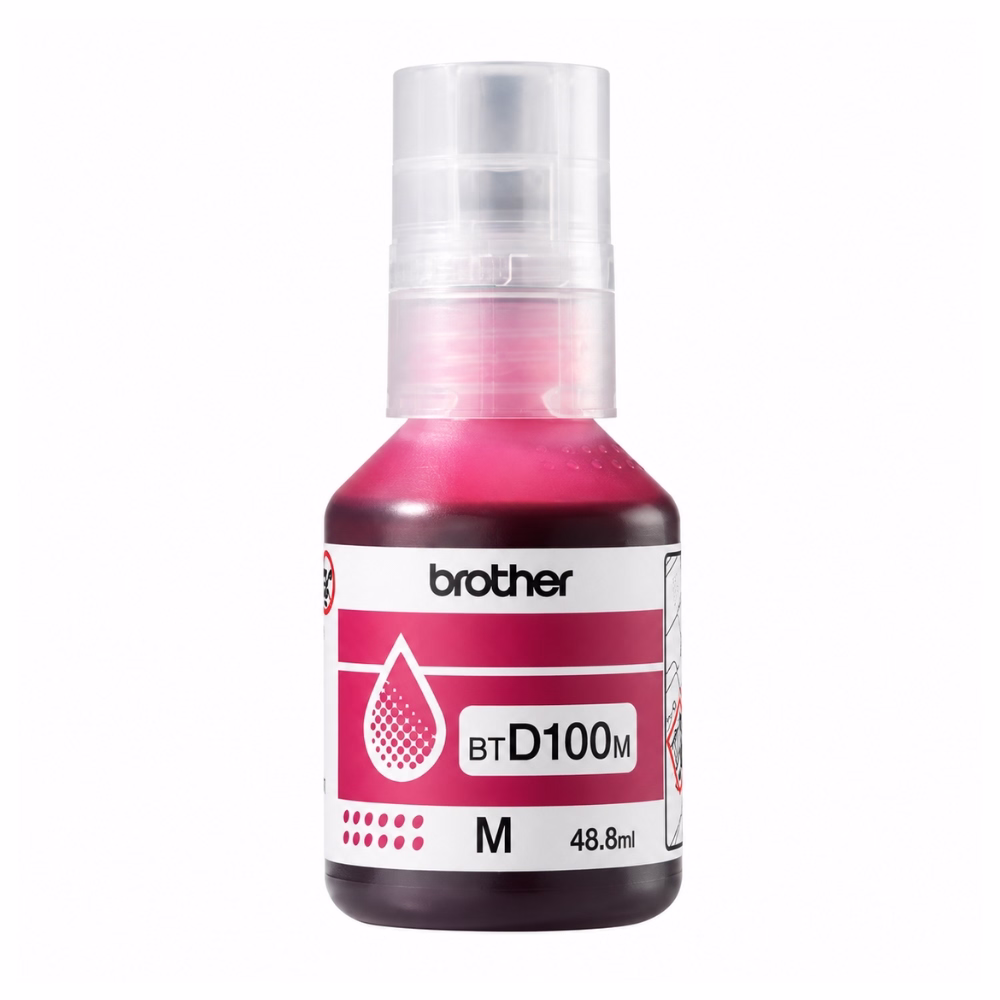 ขวดน้ำหมึกเติมสีมาเจนตา Brother BT-D100M ขนาด 48.8 ml ฝาขวดใสกันหกและป้ายฉลากระบุรุ่น BTD100M สี Magenta