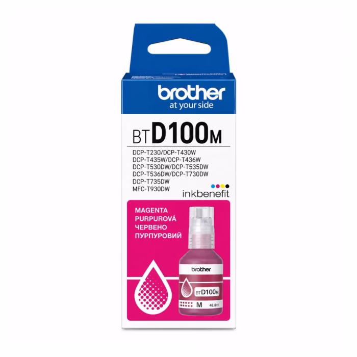 กล่องบรรจุภัณฑ์น้ำหมึกสีมาเจนตา Brother BT-D100M ระบุรุ่นเครื่องพิมพ์ที่รองรับ DCP-T230 DCP-T430W DCP-T530DW MFC-T930DW