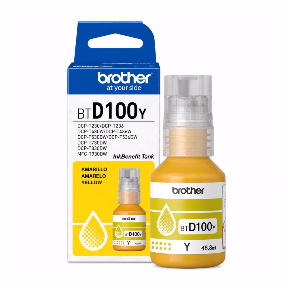 น้ำหมึกเติมแท้สีเหลือง Brother BT-D100Y ขนาด 48.8 ml วางคู่กับกล่องบรรจุภัณฑ์ InkBenefit Tank สำหรับเครื่องพิมพ์ Ink Tank