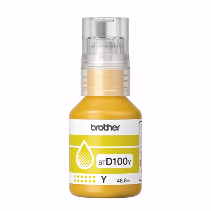 ขวดน้ำหมึกเติมสีเหลือง Brother BT-D100Y ขนาด 48.8 ml ฝาขวดใสกันหกและป้ายฉลากระบุรุ่น BTD100Y สี Yellow