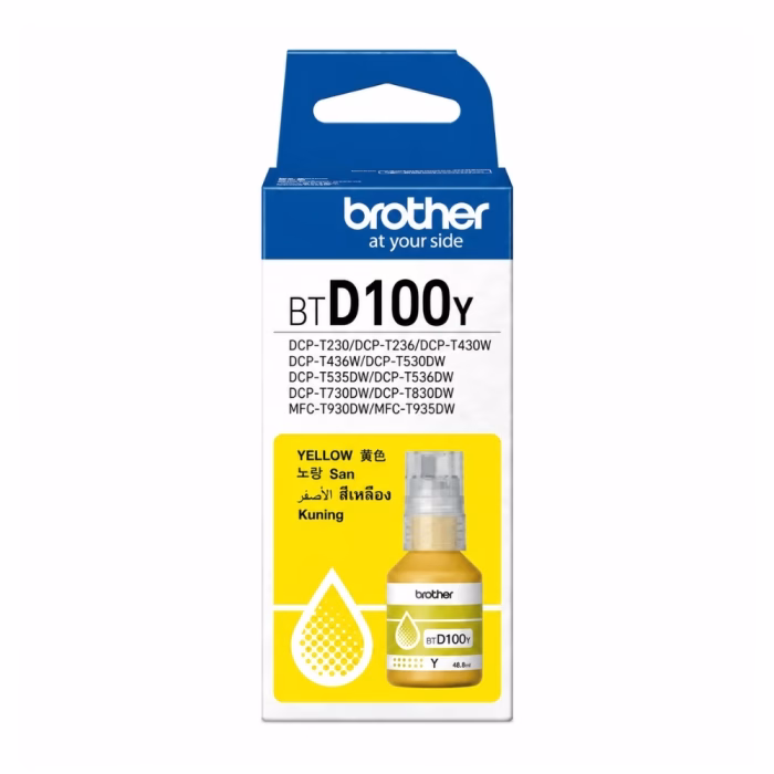 กล่องบรรจุภัณฑ์น้ำหมึกสีเหลือง Brother BT-D100Y ระบุรุ่นเครื่องพิมพ์ที่รองรับ DCP-T230 DCP-T430W DCP-T530DW MFC-T930DW