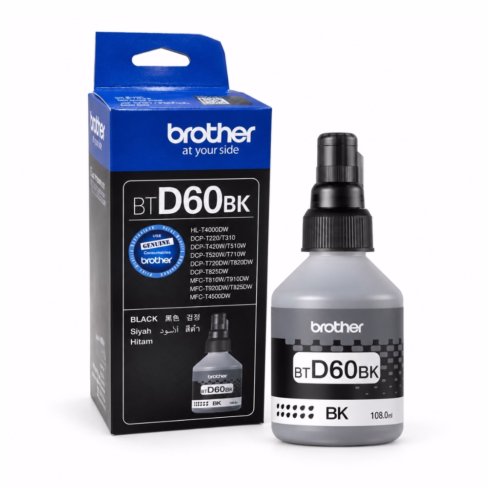 น้ำหมึกเติมแท้สีดำ Brother BT-D60BK ขนาด 108 ml วางคู่กับกล่องบรรจุภัณฑ์ สำหรับเครื่องพิมพ์ Brother Ink Tank DCP และ MFC