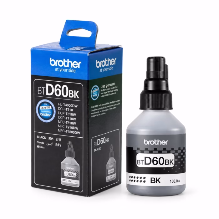 กล่องบรรจุภัณฑ์น้ำหมึก Brother BT-D60BK มุมมองด้านข้าง แสดงคำแนะนำ Use genuine Brother และขวดหมึกดำ 108 ml