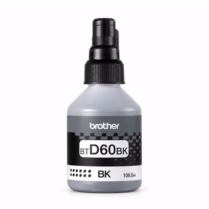 ขวดน้ำหมึกเติมสีดำ Brother BT-D60BK ขนาด 108 ml ฝาขวดใสป้องกันการหกและป้ายฉลากระบุรุ่น BTD60BK สีดำ BK