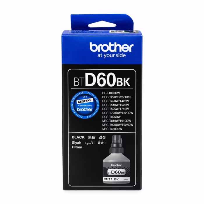 กล่องบรรจุภัณฑ์น้ำหมึกสีดำ Brother BT-D60BK ด้านหน้าตรง ระบุรุ่นเครื่องพิมพ์ HL-T4000DW DCP-T420W DCP-T520W DCP-T720DW MFC-T920DW