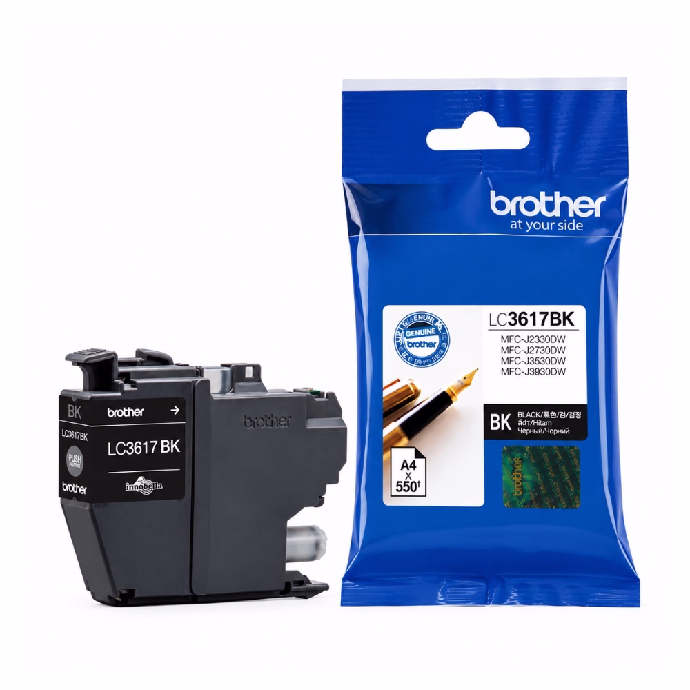 ตลับหมึกอิงค์เจ็ทแท้สีดำ Brother LC-3617BK วางคู่กับซองบรรจุภัณฑ์ฟอยล์ InkBenefit พิมพ์ได้ประมาณ 550 หน้า สำหรับเครื่องพิมพ์ Brother MFC