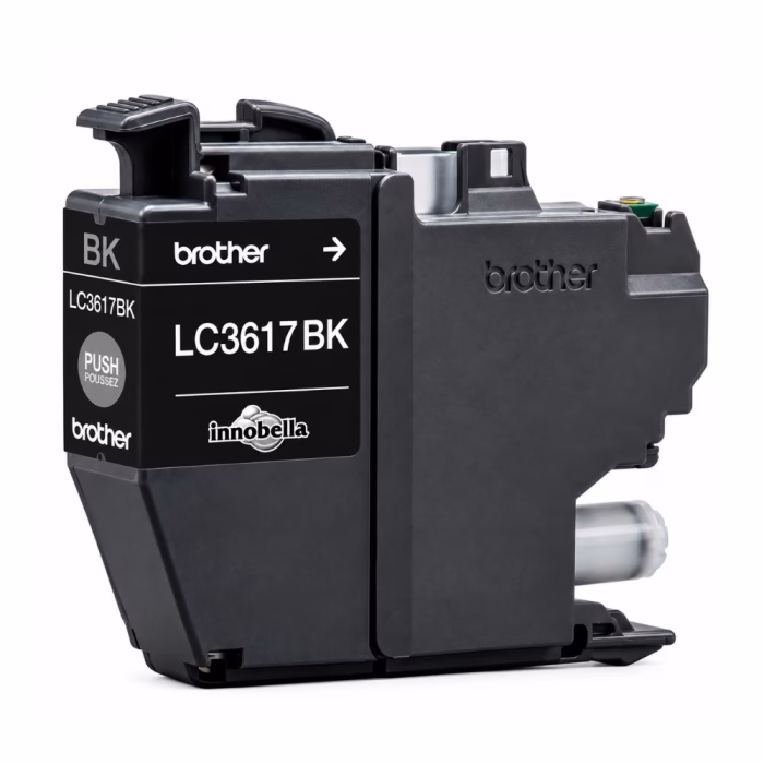 ตลับหมึกอิงค์เจ็ทสีดำ Brother LC-3617BK Innobella มุมมองสามมิติ แสดงสลักล็อก ปุ่มกด Push และท่อจ่ายน้ำหมึก