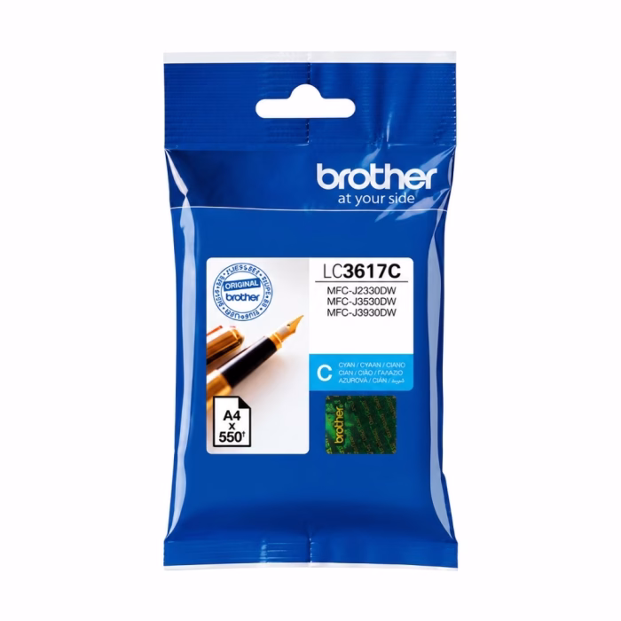 บรรจุภัณฑ์ตลับหมึกสีฟ้า Brother LC-3617C ระบุรุ่นเครื่องพิมพ์ MFC-J2330DW MFC-J3530DW MFC-J3930DW พร้อมสติกเกอร์โฮโลแกรม