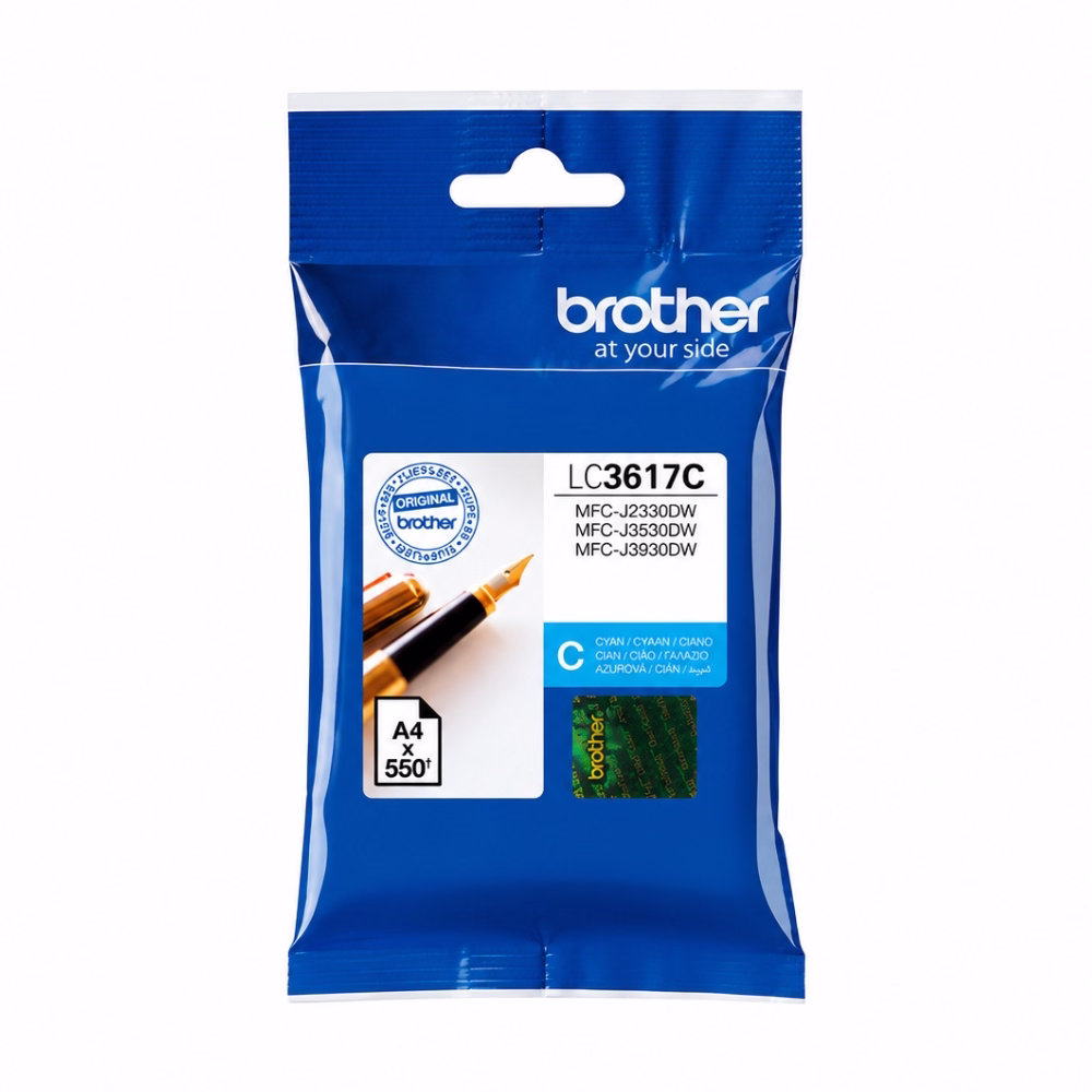 บรรจุภัณฑ์ตลับหมึกสีฟ้า Brother LC-3617C ระบุรุ่นเครื่องพิมพ์ MFC-J2330DW MFC-J3530DW MFC-J3930DW พร้อมสติกเกอร์โฮโลแกรม