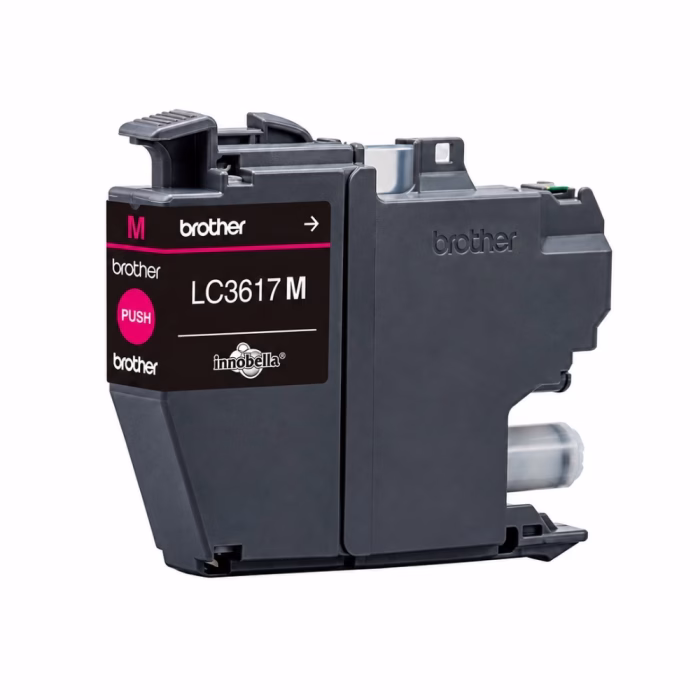 brother-lc-3617m-ink-cartridge-3 ตลับหมึกอิงค์เจ็ทสีมาเจนตา Brother LC-3617M Innobella มุมมองสามมิติ แสดงสลักล็อก ปุ่มกด Push และท่อจ่ายน้ำหมึก