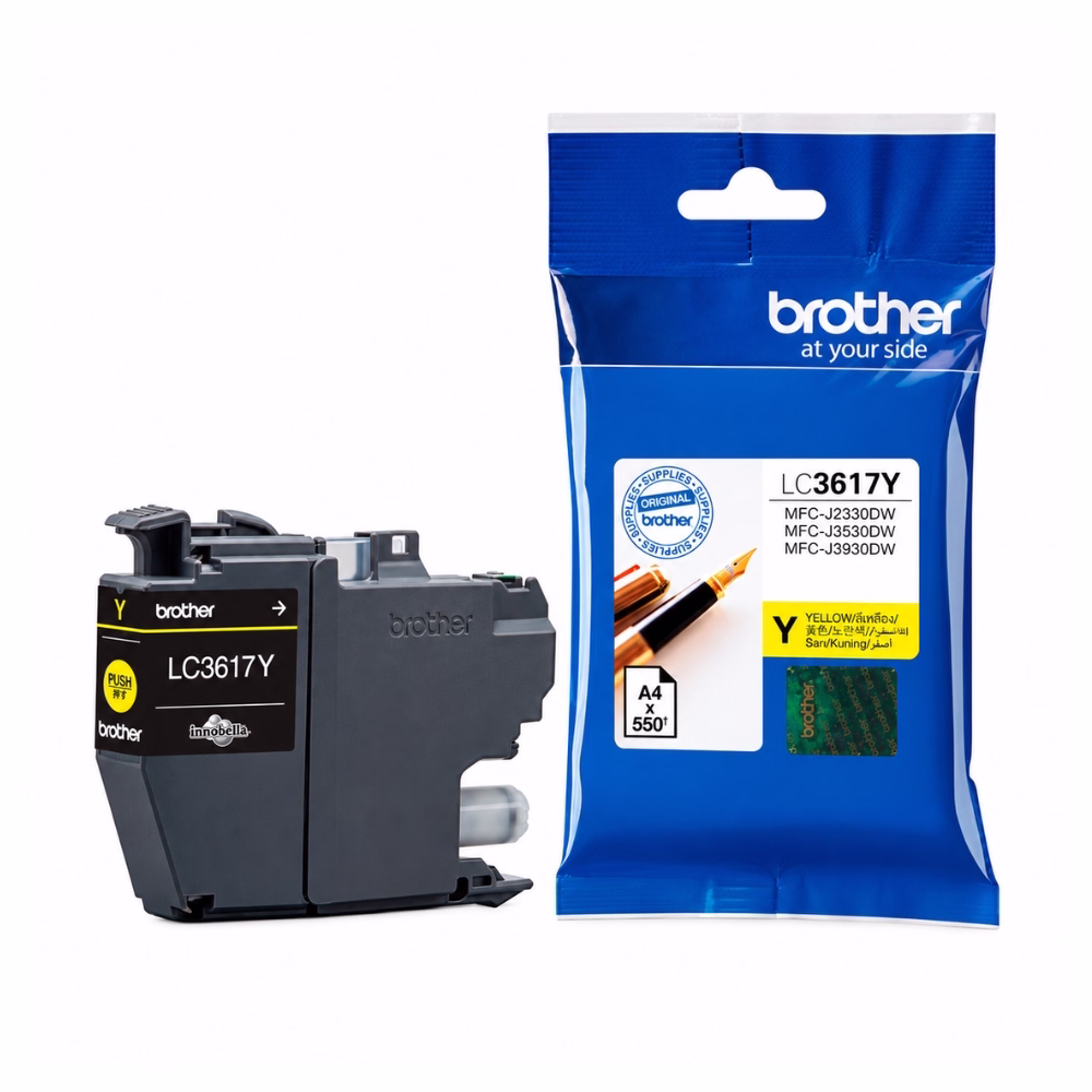 ตลับหมึกอิงค์เจ็ทแท้สีเหลือง Brother LC-3617Y วางคู่กับซองบรรจุภัณฑ์ฟอยล์ พิมพ์ได้ประมาณ 550 หน้า สำหรับเครื่องพิมพ์ Brother MFC