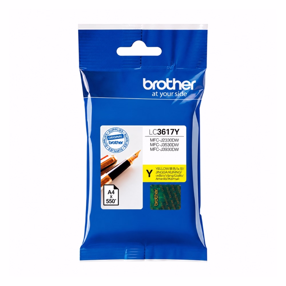 ซองบรรจุภัณฑ์ตลับหมึกสีเหลือง Brother LC-3617Y ระบุรุ่นเครื่องพิมพ์ MFC-J2330DW MFC-J3530DW MFC-J3930DW พร้อมสติกเกอร์โฮโลแกรมแท้