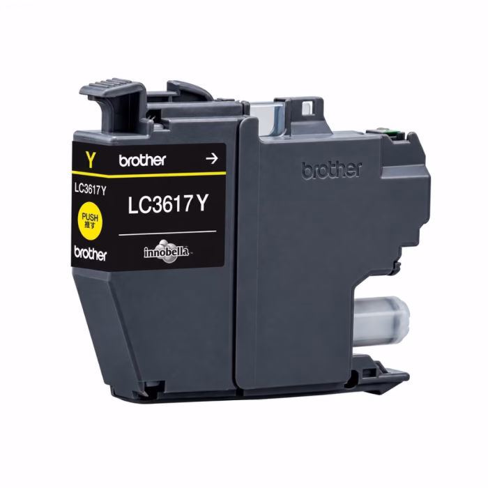 brother-lc-3617y-ink-cartridge-3 ตลับหมึกอิงค์เจ็ทสีเหลือง Brother LC-3617Y Innobella มุมมองสามมิติ แสดงสลักล็อก ปุ่มกด Push และท่อจ่ายน้ำหมึก