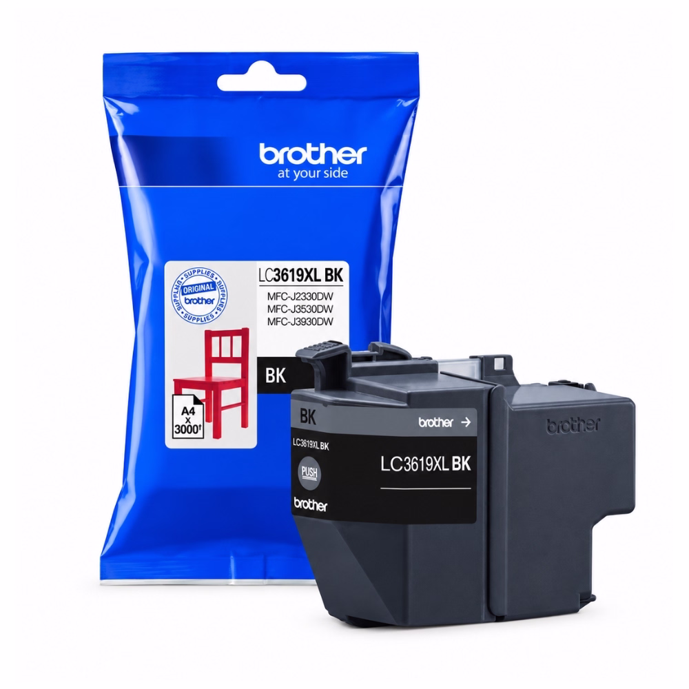 ตลับหมึกอิงค์เจ็ทแท้สีดำ Brother LC-3619XLBK ความจุสูง 3,000 หน้า วางคู่กับซองบรรจุภัณฑ์ฟอยล์ สำหรับเครื่องพิมพ์ Brother MFC