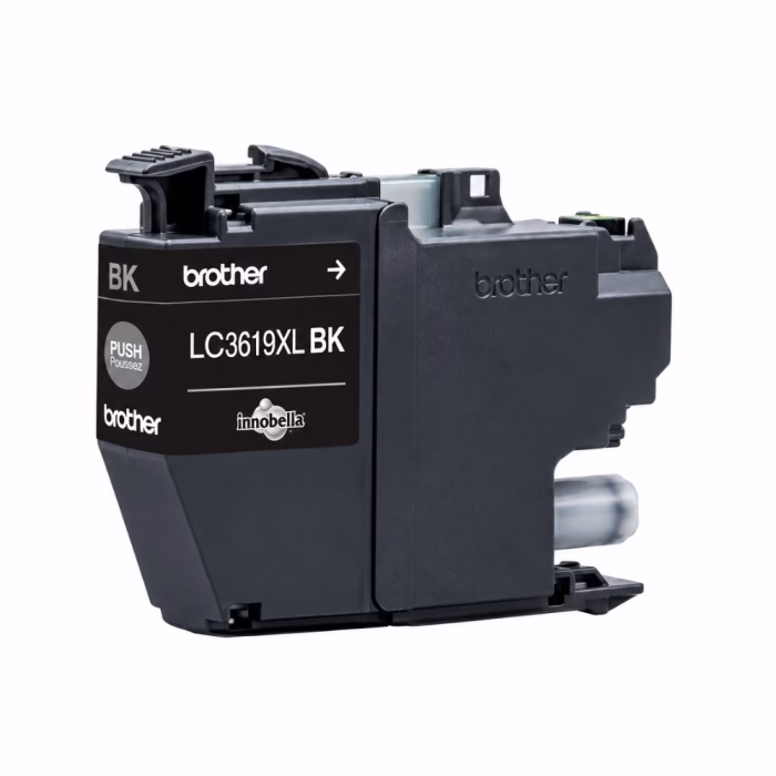 ตลับหมึกอิงค์เจ็ทสีดำความจุสูง Brother LC-3619XLBK Innobella มุมมองสามมิติ แสดงสลักล็อก ปุ่มกด Push และท่อจ่ายน้ำหมึก