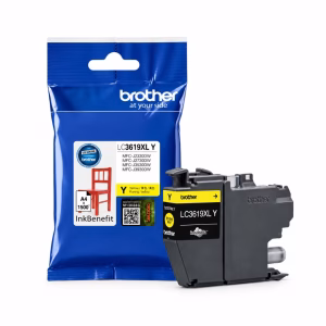 ตลับหมึกอิงค์เจ็ทแท้สีเหลือง Brother LC-3617Y วางคู่กับซองบรรจุภัณฑ์ฟอยล์ พิมพ์ได้ประมาณ 550 หน้า สำหรับเครื่องพิมพ์ Brother MFC
