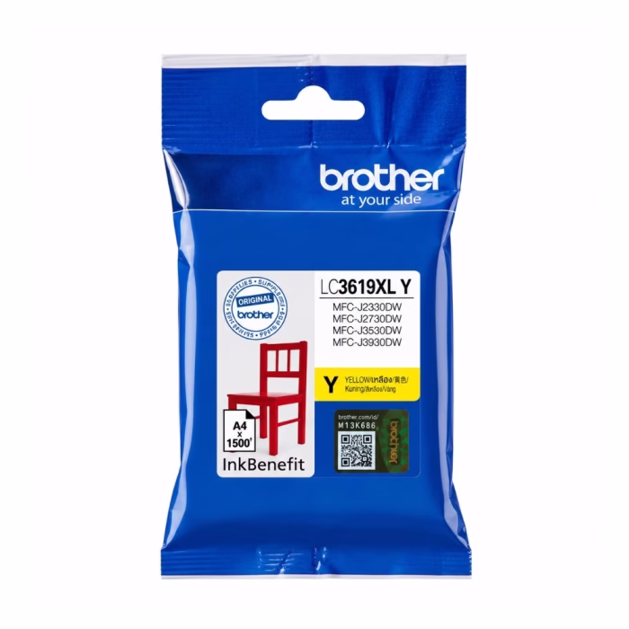 brother-lc-3619xly-ink-cartridge-3 ตลับหมึกอิงค์เจ็ทสีเหลือง Brother LC-3617Y Innobella มุมมองสามมิติ แสดงสลักล็อก ปุ่มกด Push และท่อจ่ายน้ำหมึก
