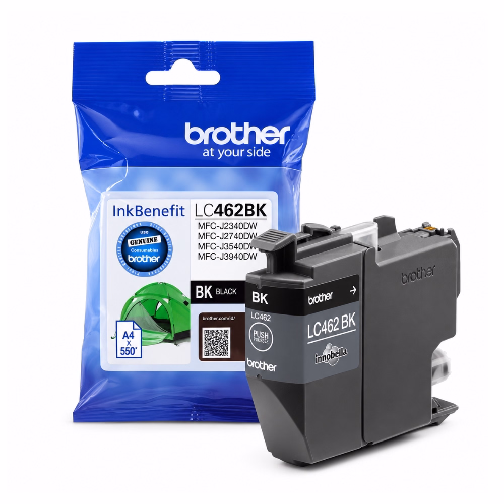 ตลับหมึกอิงค์เจ็ทแท้สีดำ Brother LC-462BK วางคู่กับซองบรรจุภัณฑ์ฟอยล์ InkBenefit พิมพ์ได้ประมาณ 550 หน้า สำหรับเครื่องพิมพ์ Brother MFC