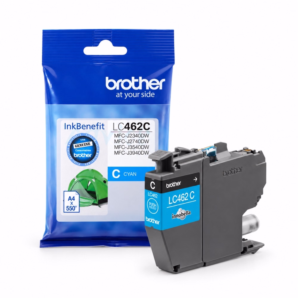 ตลับหมึกอิงค์เจ็ทแท้สีฟ้า Brother LC-462C วางคู่กับซองบรรจุภัณฑ์ฟอยล์ InkBenefit พิมพ์ได้ประมาณ 550 หน้า สำหรับเครื่องพิมพ์ Brother MFC