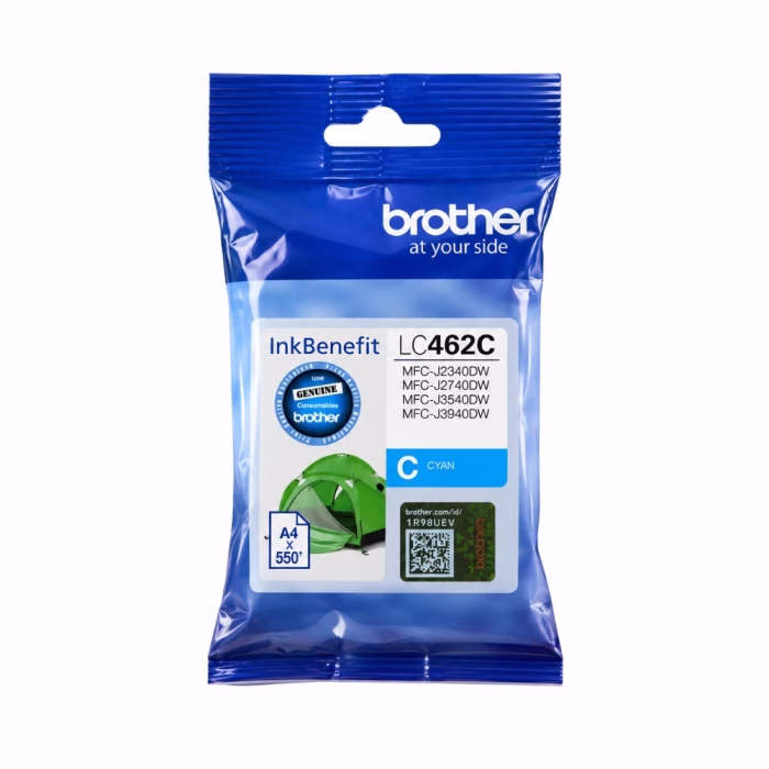 ซองบรรจุภัณฑ์ตลับหมึกสีฟ้า Brother LC-462C ระบุรุ่นเครื่องพิมพ์ MFC-J2340DW MFC-J2740DW MFC-J3540DW MFC-J3940DW พร้อมสติกเกอร์โฮโลแกรมแท้