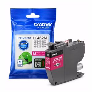 ตลับหมึกอิงค์เจ็ทแท้สีมาเจนตา Brother LC-462M วางคู่กับซองบรรจุภัณฑ์ฟอยล์ InkBenefit พิมพ์ได้ประมาณ 550 หน้า สำหรับเครื่องพิมพ์ Brother MFC