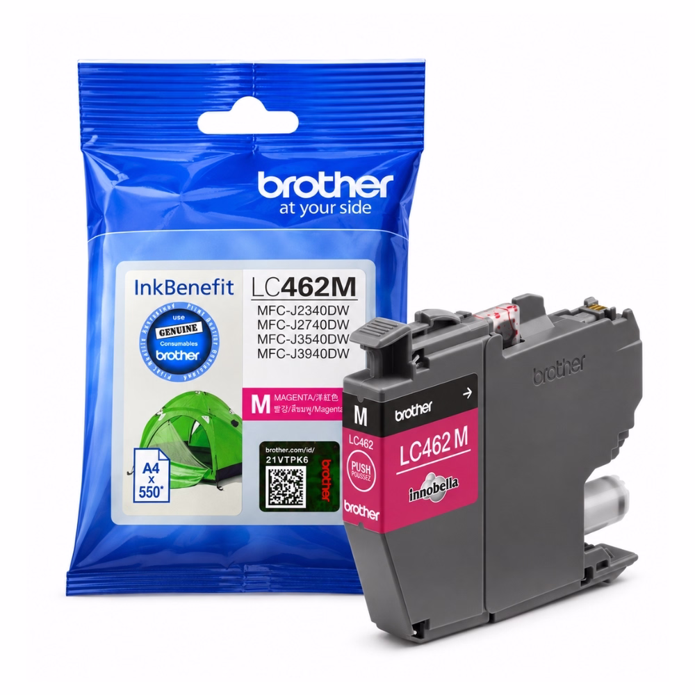 ตลับหมึกอิงค์เจ็ทแท้สีมาเจนตา Brother LC-462M วางคู่กับซองบรรจุภัณฑ์ฟอยล์ InkBenefit พิมพ์ได้ประมาณ 550 หน้า สำหรับเครื่องพิมพ์ Brother MFC