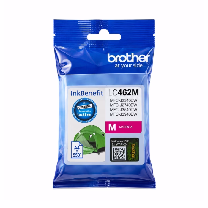 ซองบรรจุภัณฑ์ตลับหมึกสีมาเจนตา Brother LC-462M ระบุรุ่นเครื่องพิมพ์ MFC-J2340DW MFC-J2740DW MFC-J3540DW MFC-J3940DW พร้อมสติกเกอร์โฮโลแกรมแท้