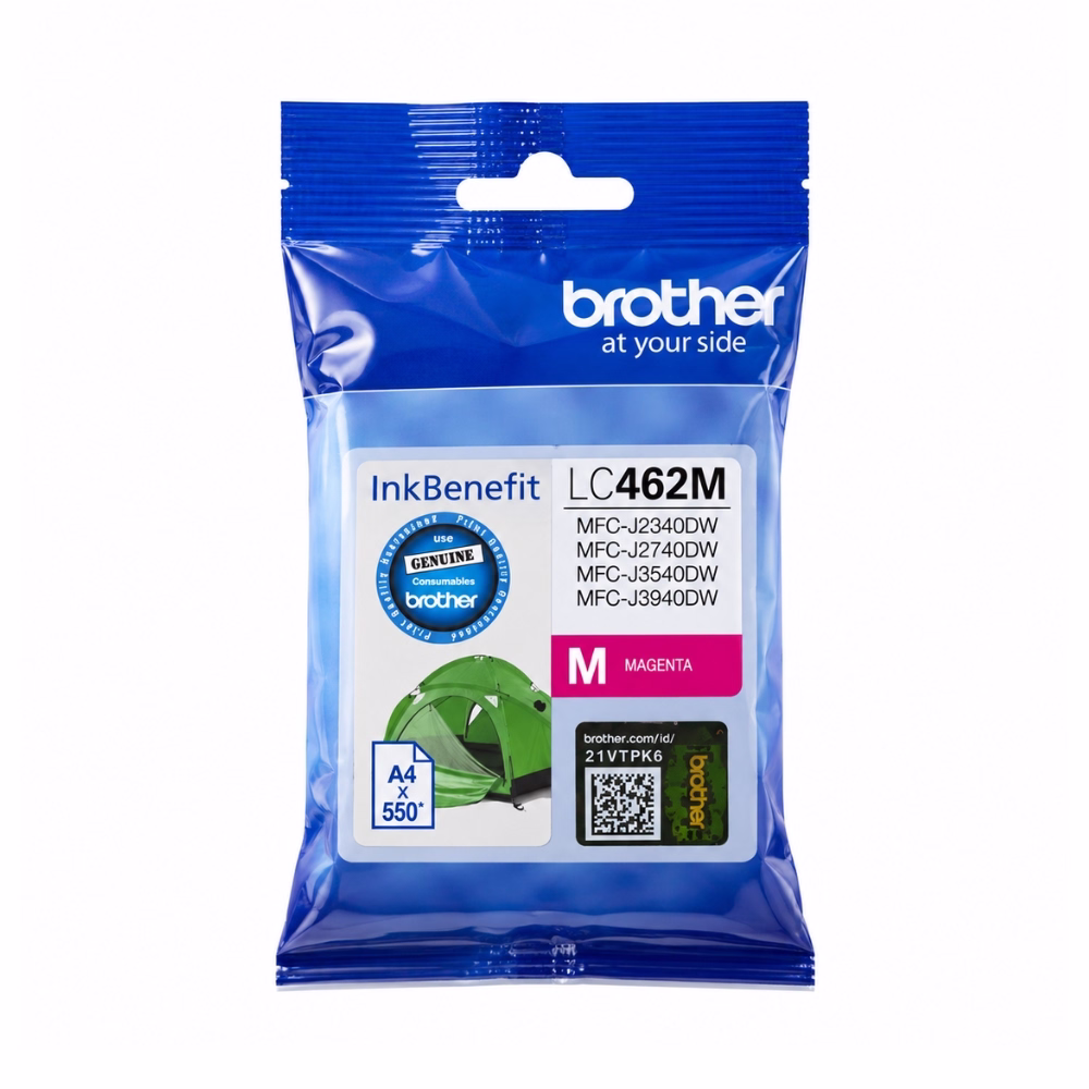 ซองบรรจุภัณฑ์ตลับหมึกสีมาเจนตา Brother LC-462M ระบุรุ่นเครื่องพิมพ์ MFC-J2340DW MFC-J2740DW MFC-J3540DW MFC-J3940DW พร้อมสติกเกอร์โฮโลแกรมแท้