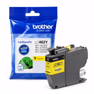 ตลับหมึกอิงค์เจ็ทแท้สีเหลือง Brother LC-462Y วางคู่กับซองบรรจุภัณฑ์ฟอยล์ InkBenefit พิมพ์ได้ประมาณ 550 หน้า สำหรับเครื่องพิมพ์ Brother MFC