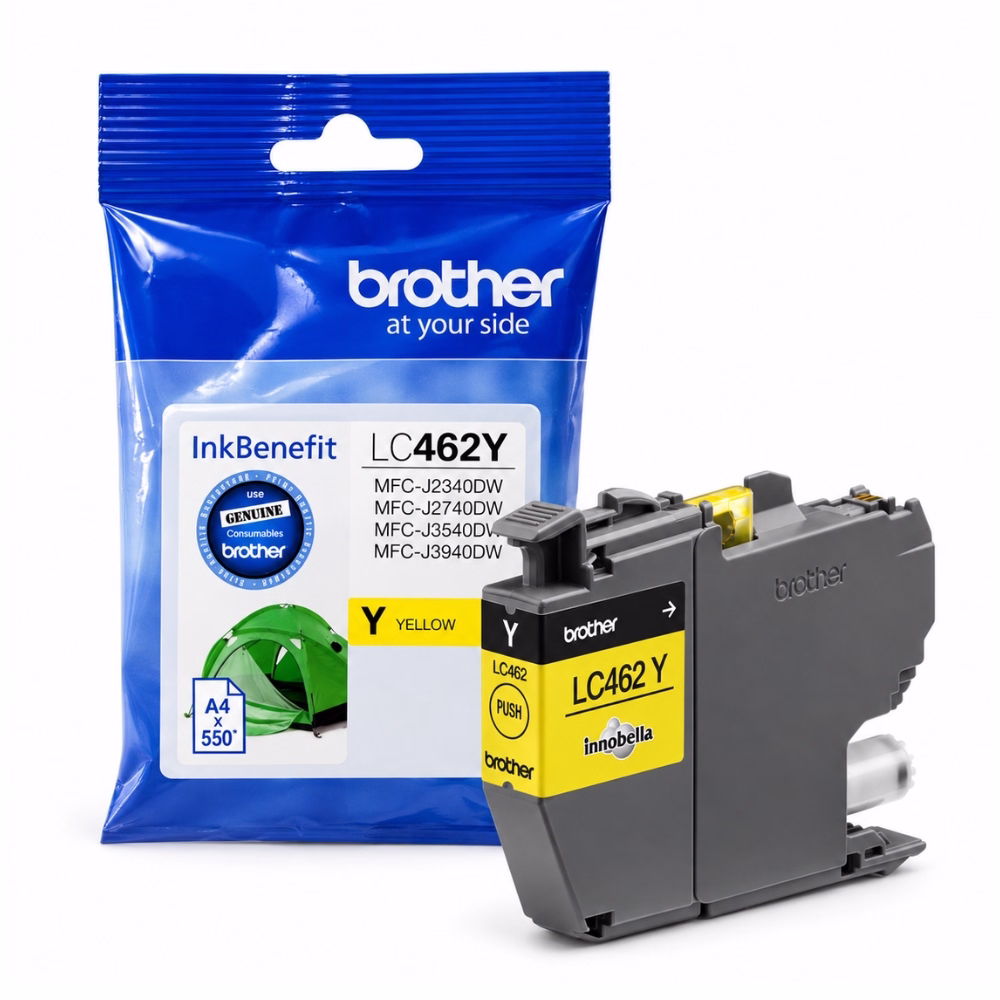 ตลับหมึกอิงค์เจ็ทแท้สีเหลือง Brother LC-462Y วางคู่กับซองบรรจุภัณฑ์ฟอยล์ InkBenefit พิมพ์ได้ประมาณ 550 หน้า สำหรับเครื่องพิมพ์ Brother MFC