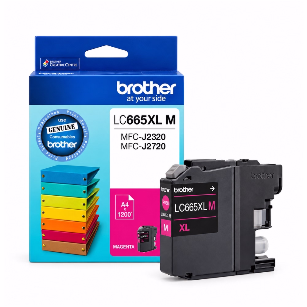 ตลับหมึกอิงค์เจ็ทแท้สีมาเจนตา Brother LC-665XLM ไซส์ XL วางคู่กับกล่องบรรจุภัณฑ์ พิมพ์ได้ประมาณ 1200 หน้า สำหรับเครื่องพิมพ์ Brother MFC-J2320 MFC-J2720