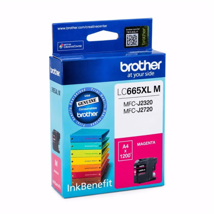 กล่องบรรจุภัณฑ์ตลับหมึก Brother LC-665XLM สีมาเจนตา ระบุรุ่นเครื่องพิมพ์ MFC-J2320 MFC-J2720 พิมพ์ได้ 1200 หน้า พร้อมสติกเกอร์โฮโลแกรมแท้