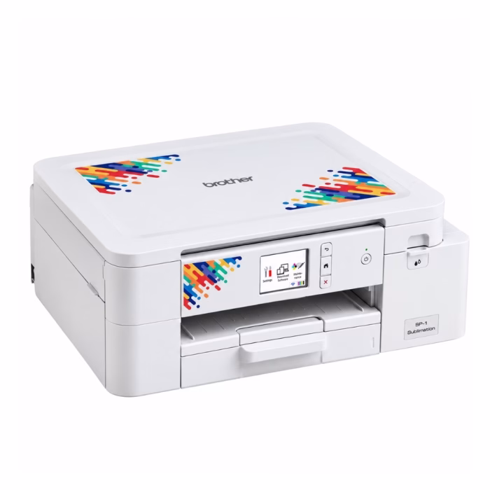 brother-sp1-sublimation-printer-2 เครื่องพิมพ์ Brother SP-1 Sublimation Printer สีขาว มุมมองสามมิติเฉียง แสดงหน้าจอสัมผัสสี LCD และถาดป้อนกระดาษ