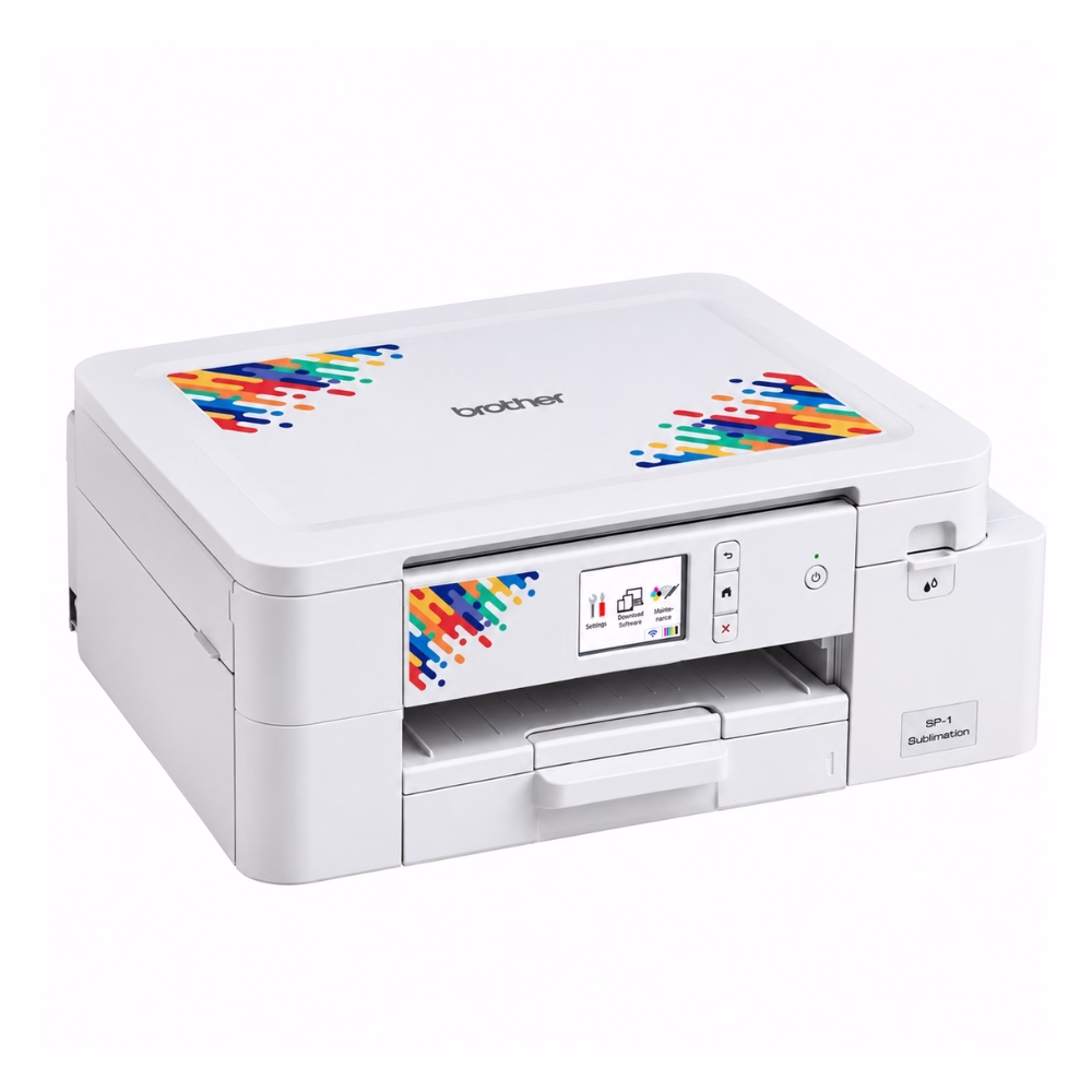 เครื่องพิมพ์ Brother SP-1 Sublimation Printer สีขาว มุมมองสามมิติเฉียง แสดงหน้าจอสัมผัสสี LCD และถาดป้อนกระดาษ