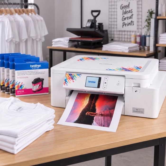 brother-sp1-sublimation-printer-3 เครื่องพิมพ์ Brother SP-1 ขณะพิมพ์ภาพสีสดลงกระดาษซับลิเมชัน สำหรับงานรีดร้อนสกรีนเสื้อยืดในสตูดิโอ