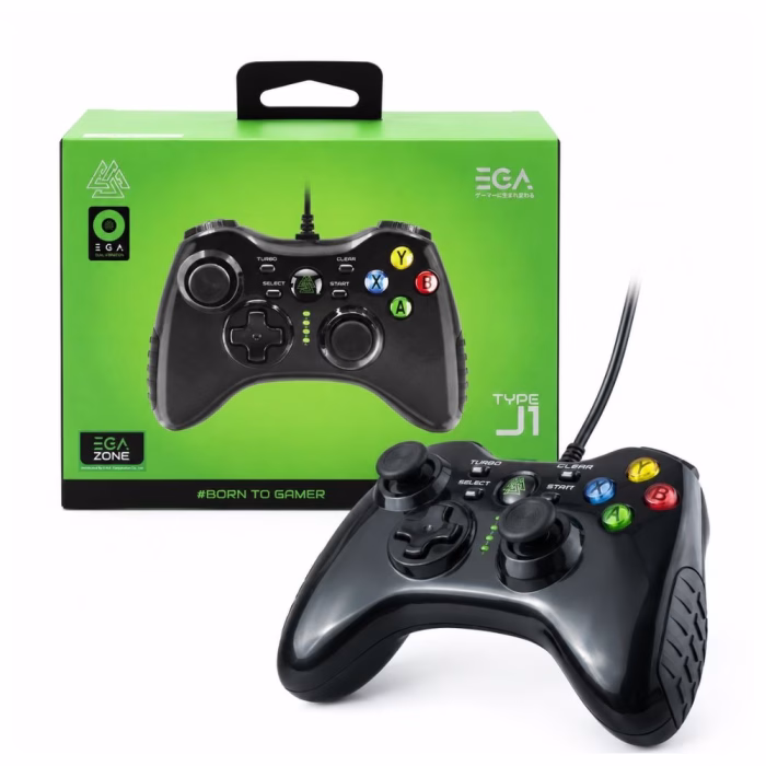 จอยเกมมิ่งมีสาย USB EGA TYPE-J1 สีดำ ระบบสั่นคู่ วางคู่กับกล่องบรรจุภัณฑ์ EGA ZONE Born to Gamer