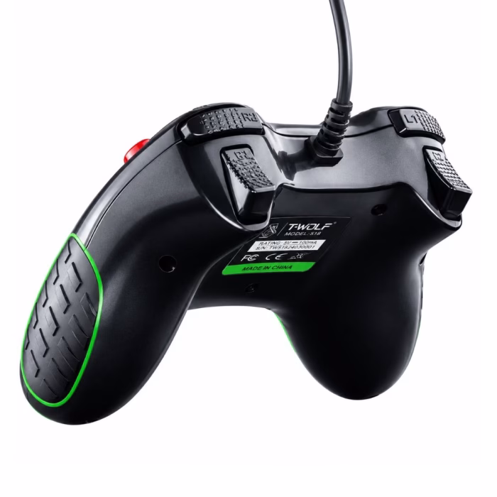 ด้านหลังจอยเกมมิ่ง EGA TYPE-J1 แสดงปุ่มทริกเกอร์ L1 L2 R1 R2 พื้นผิวกันลื่น และกริปยางลายดอกยางขอบเขียว