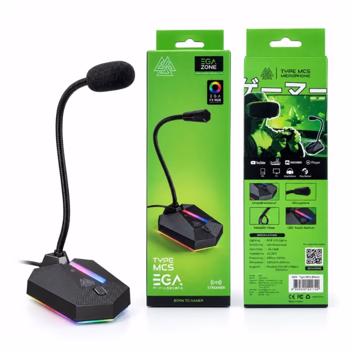 ไมโครโฟนเกมมิ่ง EGA TYPE-MC5 สีดำ ไฟ RGB ก้านคอห่าน วางคู่กับกล่องบรรจุภัณฑ์ EGA ZONE ด้านหน้าและแผงสเปกด้านหลัง