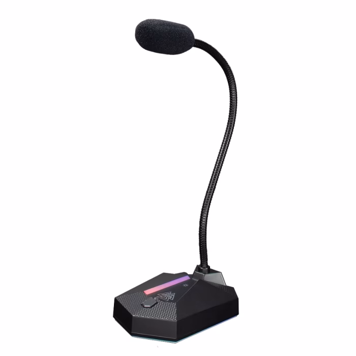 ไมโครโฟนเกมมิ่งตั้งโต๊ะ EGA TYPE-MC5 สีดำ มุมมองสามมิติเฉียง แสดงก้านคอห่านปรับดัดได้ ฐานไฟ RGB และฟองน้ำหุ้มหัวไมค์
