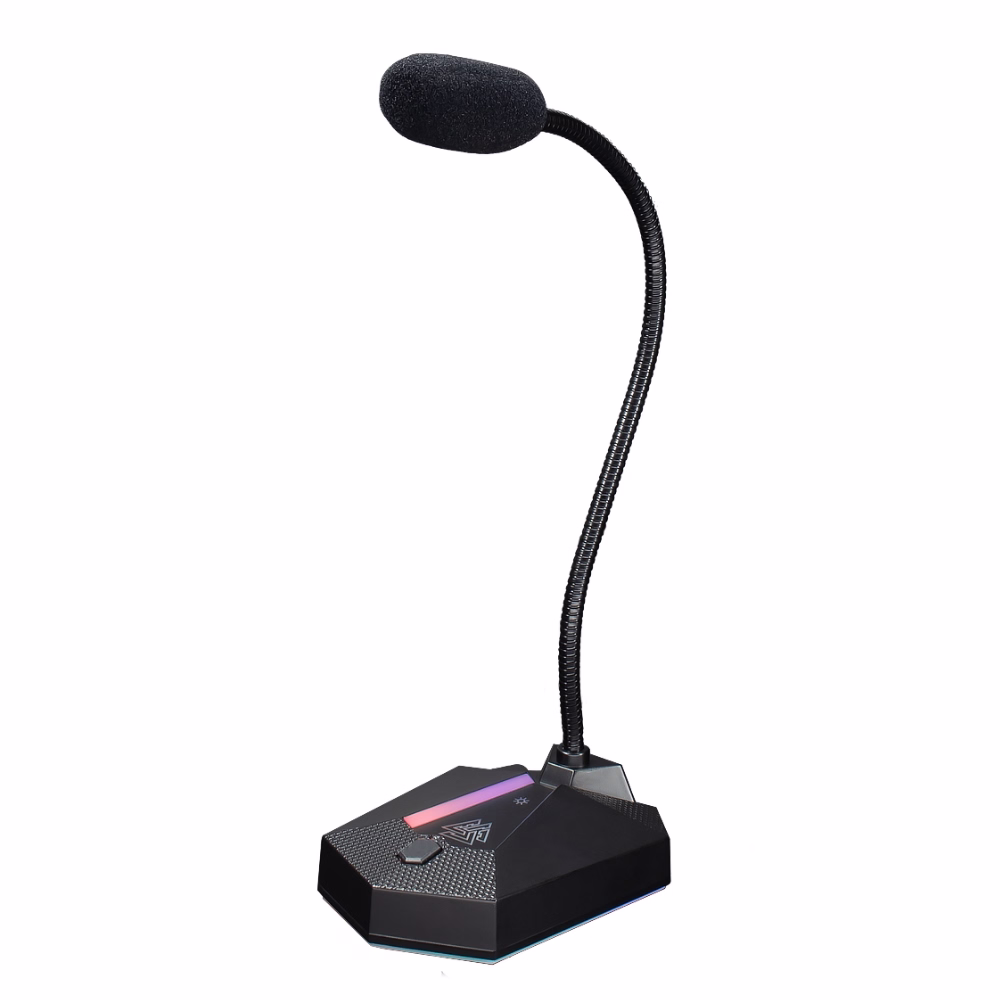 ไมโครโฟนเกมมิ่งตั้งโต๊ะ EGA TYPE-MC5 สีดำ มุมมองสามมิติเฉียง แสดงก้านคอห่านปรับดัดได้ ฐานไฟ RGB และฟองน้ำหุ้มหัวไมค์
