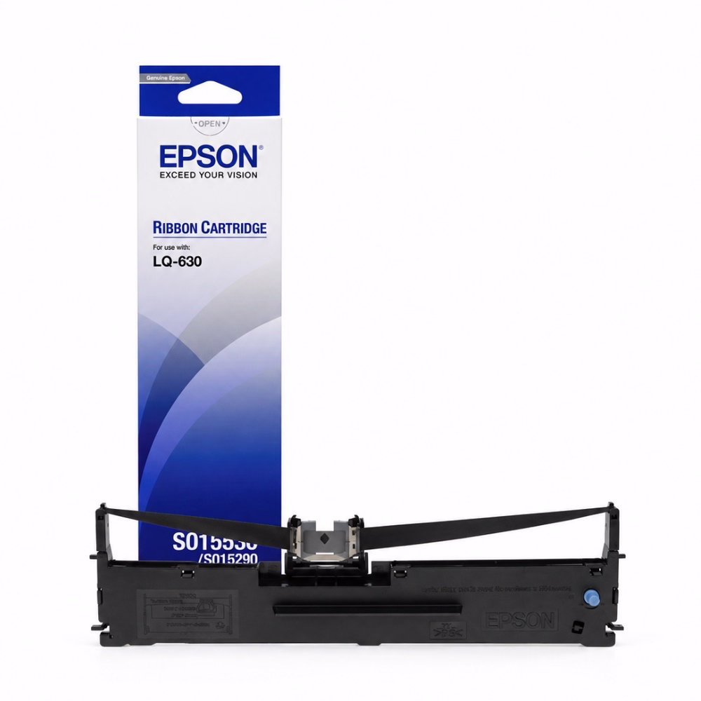 epson-s015582-ribbon-cartridge-black-1 ตลับผ้าหมึกแท้สีดำ Epson S015582 ความยาว 14 เมตร วางคู่กับกล่องบรรจุภัณฑ์ สำหรับเครื่องพิมพ์ด็อทเมทริกซ์ Epson LQ-630